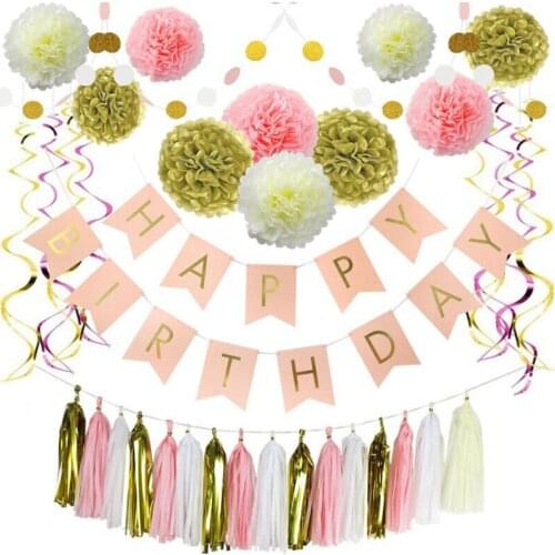 1 Set Happy Birthday Letter Bunting Banner Tissue Rosette Paper Tassel Garland Pom Birthday Decorations Favor Gift Party Decor