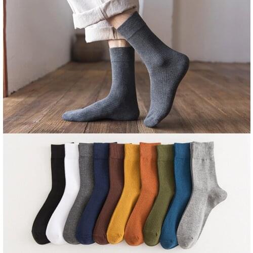 5 Pairs/Lot Cotton Men Socks 10 Solid Colors Black White Blue Green 200 Needle Craft Casual Crew Style Spring Summer Autumn
