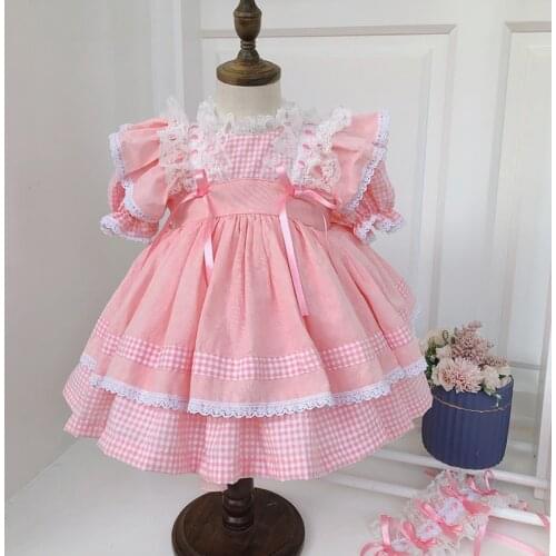 3PCS Chritening Baby Girl Pink Plaid Turkey Vintage Spanish Lolita Princess Ball Gown Birthday Easter Wedding Casual Dress