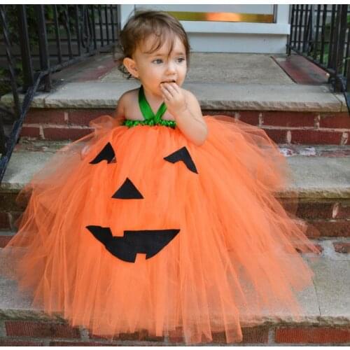 Infant Baby Girls Pumpkin Dress Halloween Festival Clothes Sling Mesh Tutu Sundress for Baby Girl Party Costume