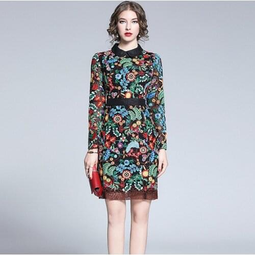 Designer Mesh Runway Dresses 2021 Spring Womens Long Sleeve Vintage Floral Embroidery Overlay Boutique Party Dress