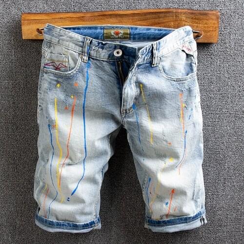 American Street Style Fashion Men Jeans Retro Light Blue Painted Designer Ripped Denim Shorts Summer Hip Hop Short Jeans For Men