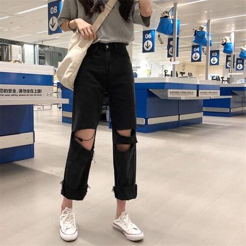5XL Plus Size Jeans Womens Spring Summer Ripped Solid Color Button Zipper High Waist Loose Denim Nine-point Straight-leg Pants