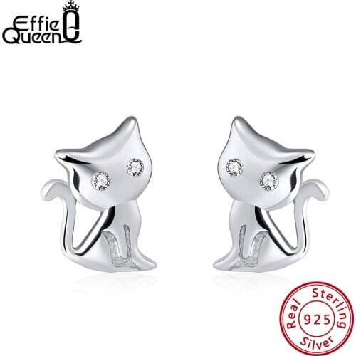 Effie Queen Cute Cat Earrings Real 925 Sterling Silver with Zircon 11mm Stud Earrings Women Jewelry Accessories Wholesale BE107