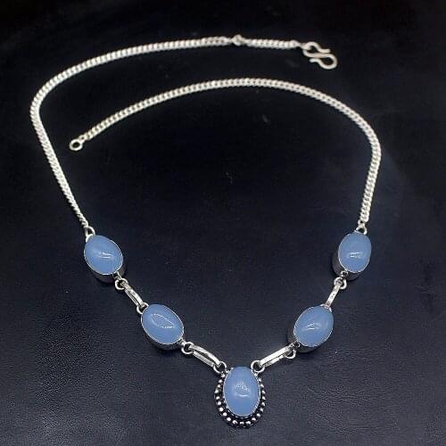 Hermosa Jewelry Adorable Charms Antique BlueAgate Silver Color Chain Necklace for Women Ladies Gift 18.5 Inch FQ11