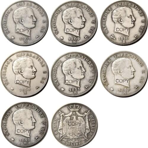 ITALIAN STATES, KINGDOM OF NAPOLEON, Napoleon I, 5 Lire, 1808m-1813m 7pcs Silver Plated Copy Coin
