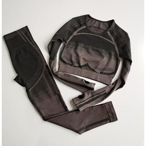 2 PCS Set Seamless Women Sport Suit Gym Workout Clothes Long Sleeve Fitness Crop Top And Scrunch Butt Leggings Yoga Set