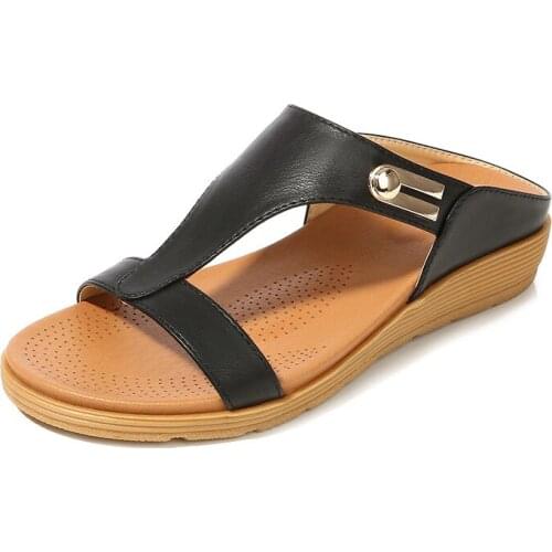 Summer Outdoor Womens Wedges Slippers Slip-On Shoes Woman Flat Peep Toe Breathable Soft Platform Leather Sandals Platform Shoes
