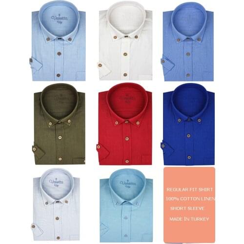 Linen Mens Shirt Short Sleeve Wooden Buttons Summer Solid Hawaiian Shirts Comfortable Red Green Linen Shirts For Men Tee Top