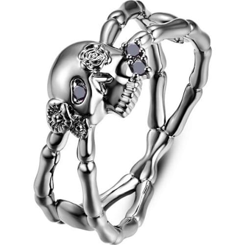 Megin D Silver Plated Skull Punk Evil Eyes Spider Crystal Zircon Vintage Gothic Boho Rings for Women Men Couple Gift Jewelry Ane