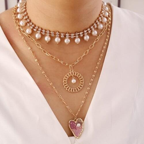 Alloy Inlaid Crystal Pearl Lovely Multi-Layer Womens Necklace European and American New Fashion Creative Necklace Wholesale