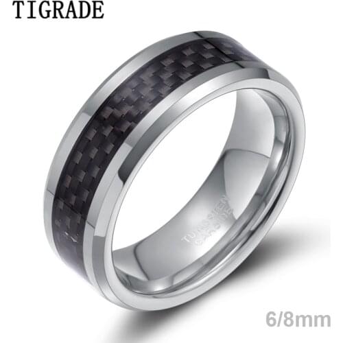6/8mm New Black Carbon Fiber Mens Ring Tungsten Carbide Engagement Ring Wedding Band Men Women Jewelry Brand Design anel mascul