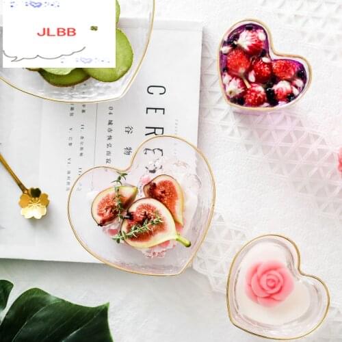 Heart Shape Glass Bowls and Cup Set with Glod Rim Japanese Style Food Salad Oats Fruit Dessert Snack Bowl Water Milk Tea Cup