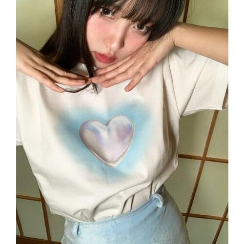 2021 New Fashion Summer T-shirt for Spicy Girls Cute Heart Printed Baby Blue Short Sleeve T-shirt Loose Girls' Student Tops Y2K