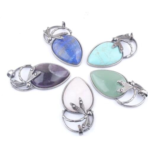 5Pcs Retro Natural Stone Turquoises Lapis Aventurine Quartz Water Drop Pendant Dragonfly Bronze Ancient Silvers Jewelry QBN416