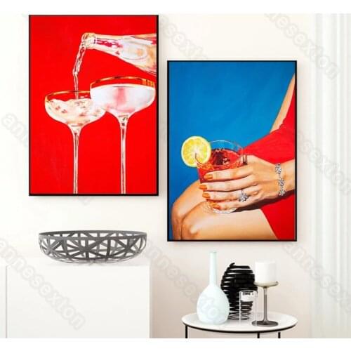 Modern Style Canvas Painting Posters Red Background Wine Glasses and Woman In Red Hold A Cup for Home Rooms Gallery Wall Decorat