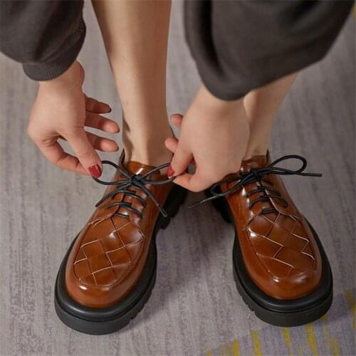 PXELENA Plus Size 34-42 Genuine Leather Oxfords Women Weaving Lace Up Platform Chunky Creepers Lace Up Derby Shoes 2021 Spring
