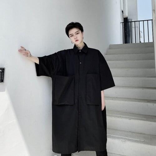 Men Large Pocket Loose Short Sleeve Japan Karajuku Streetwear Shirt Summer Male Women Retro Fashion Long Style Dress Shirt