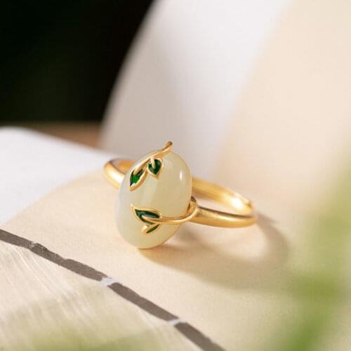 Silver inlaid natural Hetian jade retro cloisonne leaf exquisite and elegant ladies opening adjustable party ring