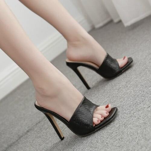 Summer The New High heel Slippers Women Fashion Solid Outside Shallow Thin Heels Slides 11.5cm High Heels Party High Quality PU