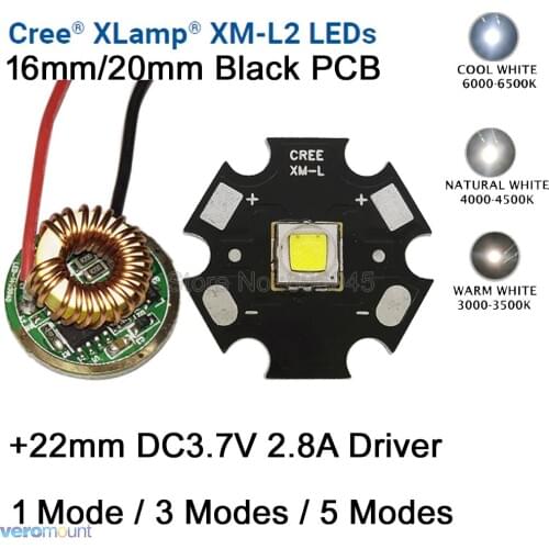Cree XM-L2 T6 10W Cool White Neutral White Warm White LED Emitter 16mm / 20mm PCB+22mm DC3.7V 2.8A 1 Mode /3 Mode /5 Mode Driver