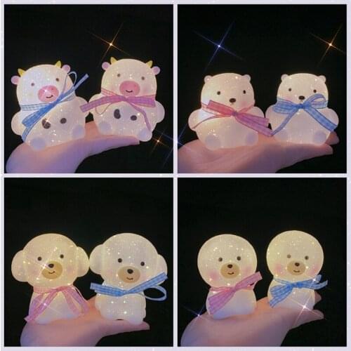 50LB Cute Bear Puppy LED Night Light with Ribbon Bow Cartoon Animal Nursery Battery Powered Portable Bedside Lamp for Kids Room