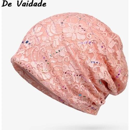 Spring Summer Female Caps Skullies Thin Lace Ponytail Beanie Turban Hat Pregnant Women Solid Color Jacquard Hat Neck Scarf