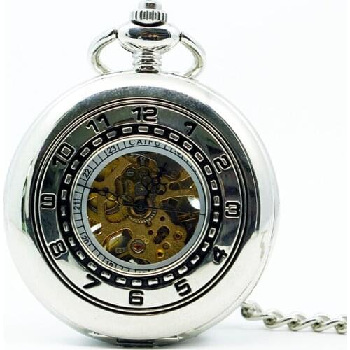 Vintage Silver Case Pocket Watches Roman Numerals Skeleton Mechanical Pocket Watch With Fob Chain Pendant Gifts for Men Women