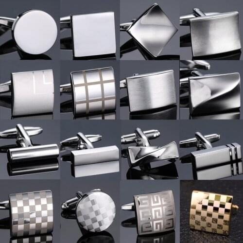 High quality Laser Metal Silver Cufflinks new fashion jewelry stainless steel Plaid Cufflinks mens Wedding Shirt badge pin gift