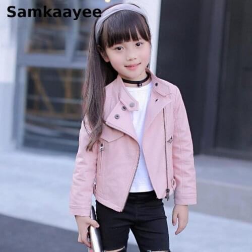 5-15y Children Jackets Girls Coats Spring Autumn Kids Pu Leather Outerwear Zipper Solid Pocket Casual Motorcycle Pink Jacket Y55