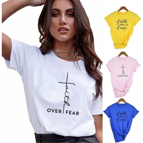 Faith Over Fear Shirt Christian Tee for Women Religion Jesus Woman Clothes tshirts Vertical Cross Love Grace Church Missionary