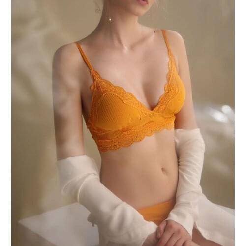 HONEY Sexy Lace Women Bras Vest Type Wirefree Bralette Underwear Female Cotton Without Sponge Lingerie Orange