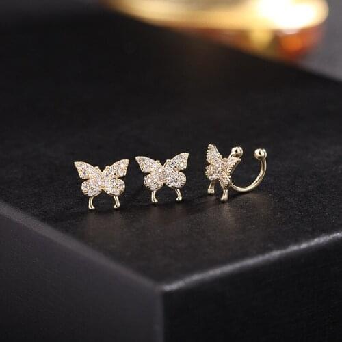 New 3pcs/set Elegant Butterfly Female CZ Earring-Stud Fashion Jewelry Small Animal Earring Clips 2021 Womens Accessories
