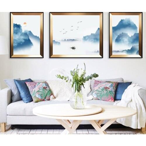 3pcs Abstract Wall Art Chinese Traditional Mountain Water Boat Fog Poster Nature Canvas Print Wall Pictures for Living Room