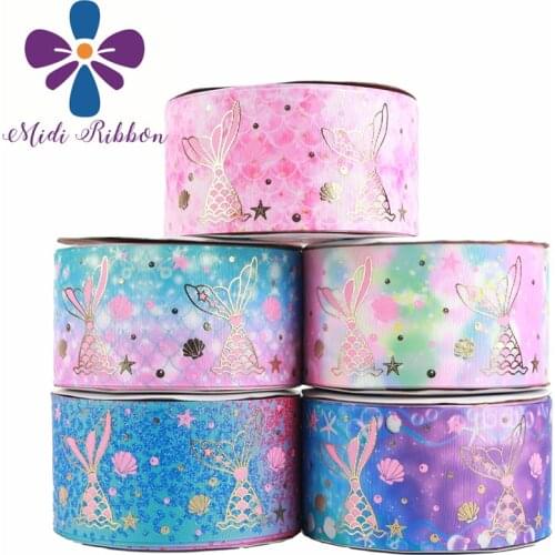 75mm 50 Yards/Roll Grosgrain+ Gold foil Mermaid Tail Printed Ribbon Sewing Supplies Gift Wrapping Ribbon Handmade Bow Material