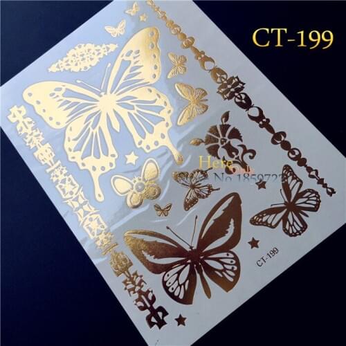 Large Gold Butterfly Fake Metallic Temporary Tattoo Women CT-199 3D Children Waterproof Flash Tattoos Paste Christmas Home Decor