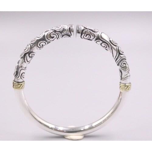 New Pure 999 Fine Silver Bracelet 7mm Auspicious Clouds Pattern Monkey King Bar Cuff Bangle 55-62mm About 46g