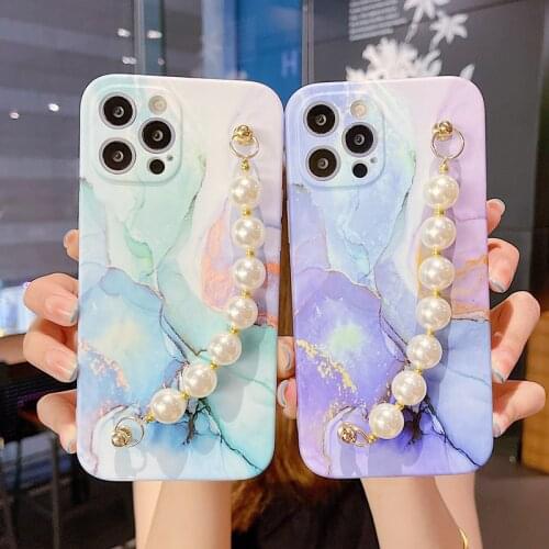 Ottwn Colorful Marble Pearl Chain Phone Case For iPhone 12 Pro Max Mini 11 Pro Max X XR XS Max 7 8 Plus SE 2020 Soft IMD Cover