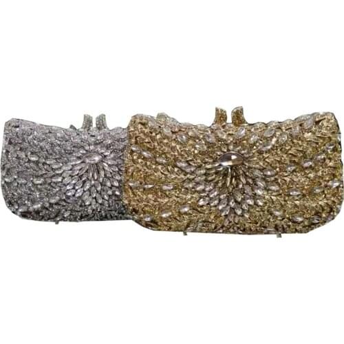Ladies floral crystal evening dress bag hard shell metal single chain handbag and purse bridal wedding party clutch