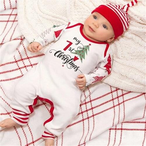 Baby Christmas 2 Piece Set Long-Sleeved Fall Round Collar Tree Stripes Printed Crotch Buttons Loose Jumpsuit+Striped Hat