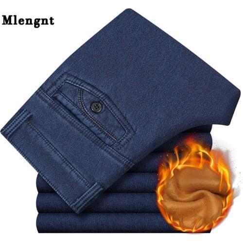 Big Size Classic Business Jeans For Men Autumn Winter Male Casual High Quality Thick Fleece Warm Elastic Denim Pants Size 30-44