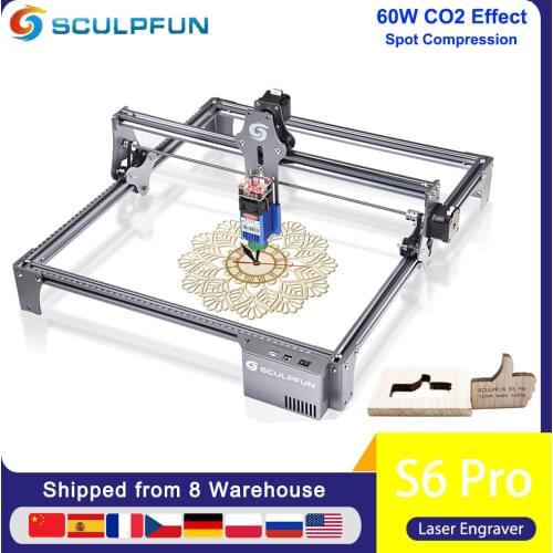 SCULPFUN S6 Pro 60W CO2 Effect CNC Laser Engraver 410x420mm LD+FAC Spot Compression Engraving Cutting Machine Fixed-focus Laser