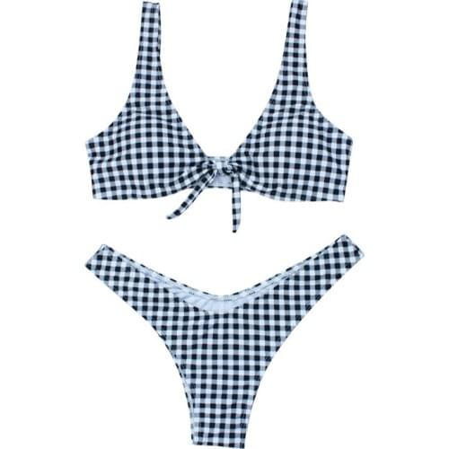 Hot Women Thong Plaid Knotted Bow Bikini Set Summer Sexy Push Up Padded Swimsuit Brazilian Beach Swimwear Maillot De Bain Femme