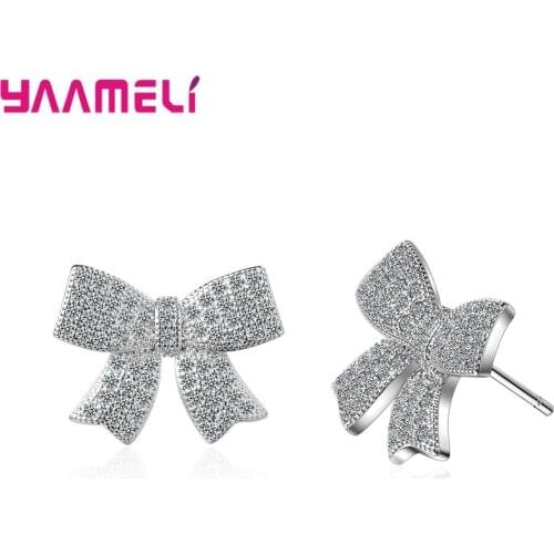 Sweet Big Bow Stud Earrings for Women Bridals Wedding Dating with Micro AAA Cubic Zircon 925 Sterling Silver Fine Jewelry
