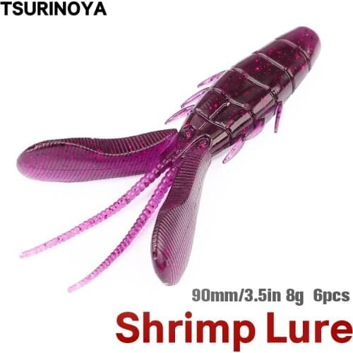 TSURINOYA Shrimp Soft Bait 90mm 8g 6pcs Bass Fishing Lure Jig Head Tackle Grub Worm Soft Lure Isca Artificial Para Pesca Wobbler