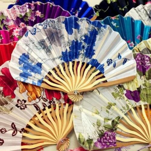 Painted Silk multiple colour flower japanese hand fan eventail a main fan abanico folding fan wooden Bamboo dance wedding