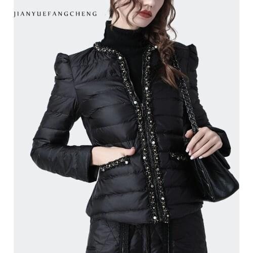 Luxury Diamond-studded Women Winter Down Jacket Warm Lightly Short Black Coat Top Female Fashion Outwear Slim Duck Down Jackets