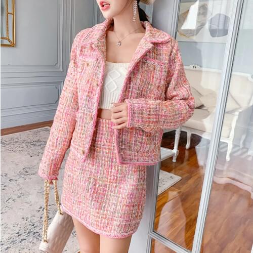 Pink tweed jacket + skirt suit bead fabric / winter womens jacket Business ladies 2 piece skirt suit