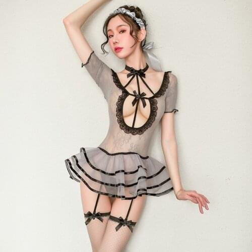 Sexy Hollow Out Princess Cosplay Set Women Mesh See Through Maid Nightdress Set Lace Temptation Erotic Adult Sex Game Clothing