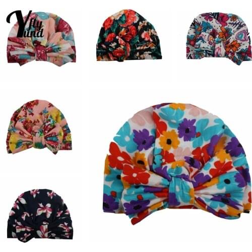 Yundfly 12.5 CM Lovely Print Bowknot Infant Indian Hat Vintage Flowers Pattern Bows Newborn Caps Baby Headwear Photography Props